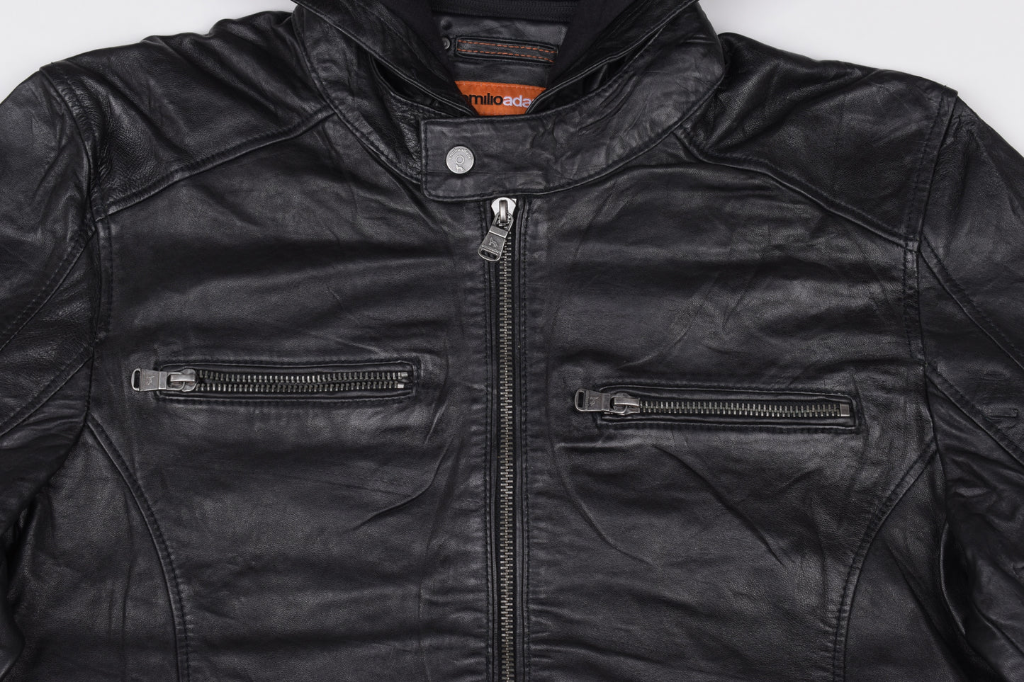 * Emilio Adani Mens Black Leather Hooded Jacket, Size 54 L, Excellent 9/10