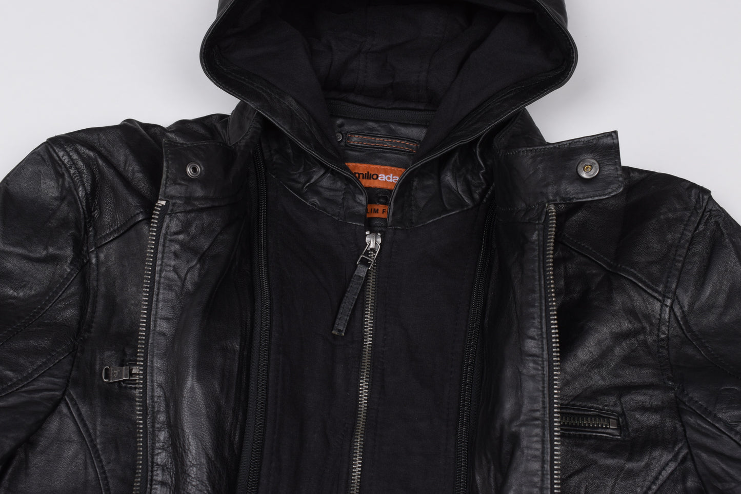 * Emilio Adani Mens Black Leather Hooded Jacket, Size 54 L, Excellent 9/10