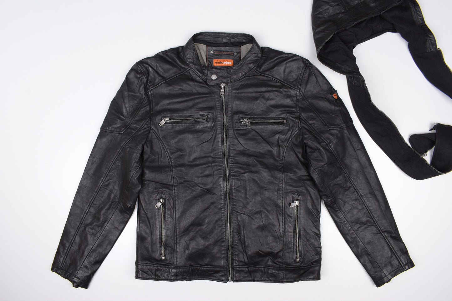 * Emilio Adani Mens Black Leather Hooded Jacket, Size 54 L, Excellent 9/10