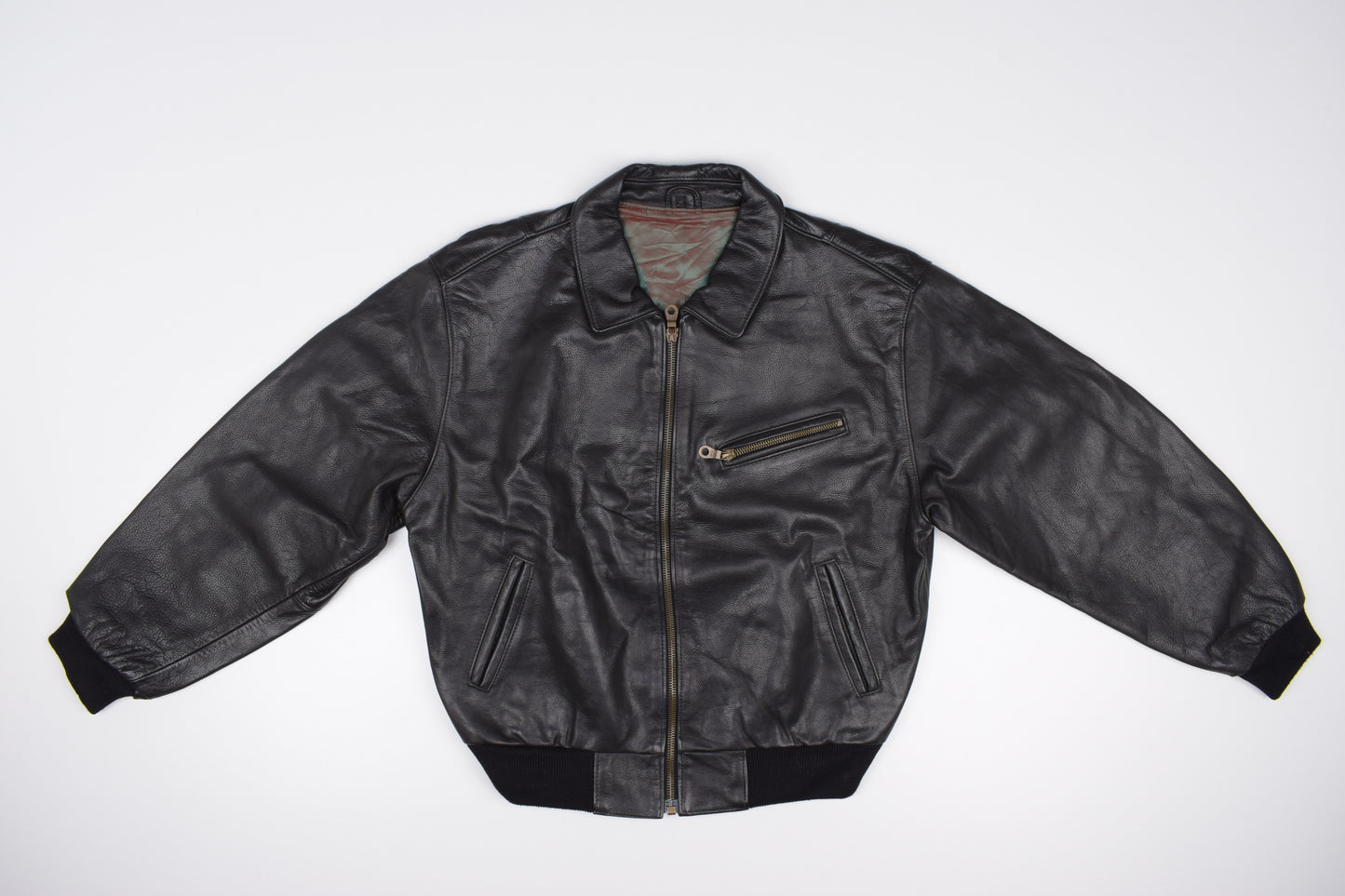 * Classic Mauritius Men Oversize Black Leather Bomber Jacket, riri Zipper, Size M, Excellent 10/10