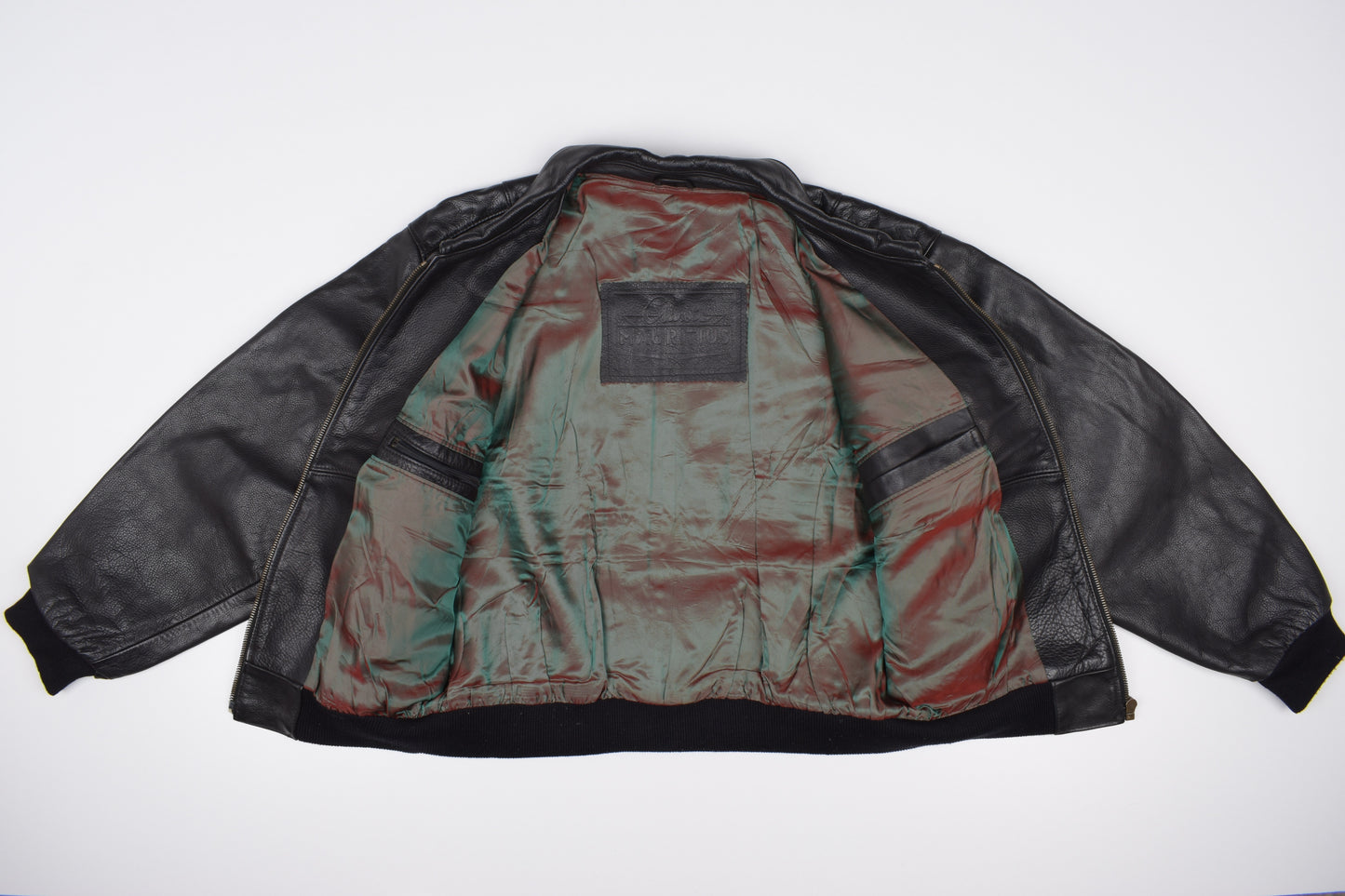 * Classic Mauritius Men Oversize Black Leather Bomber Jacket, riri Zipper, Size M, Excellent 10/10