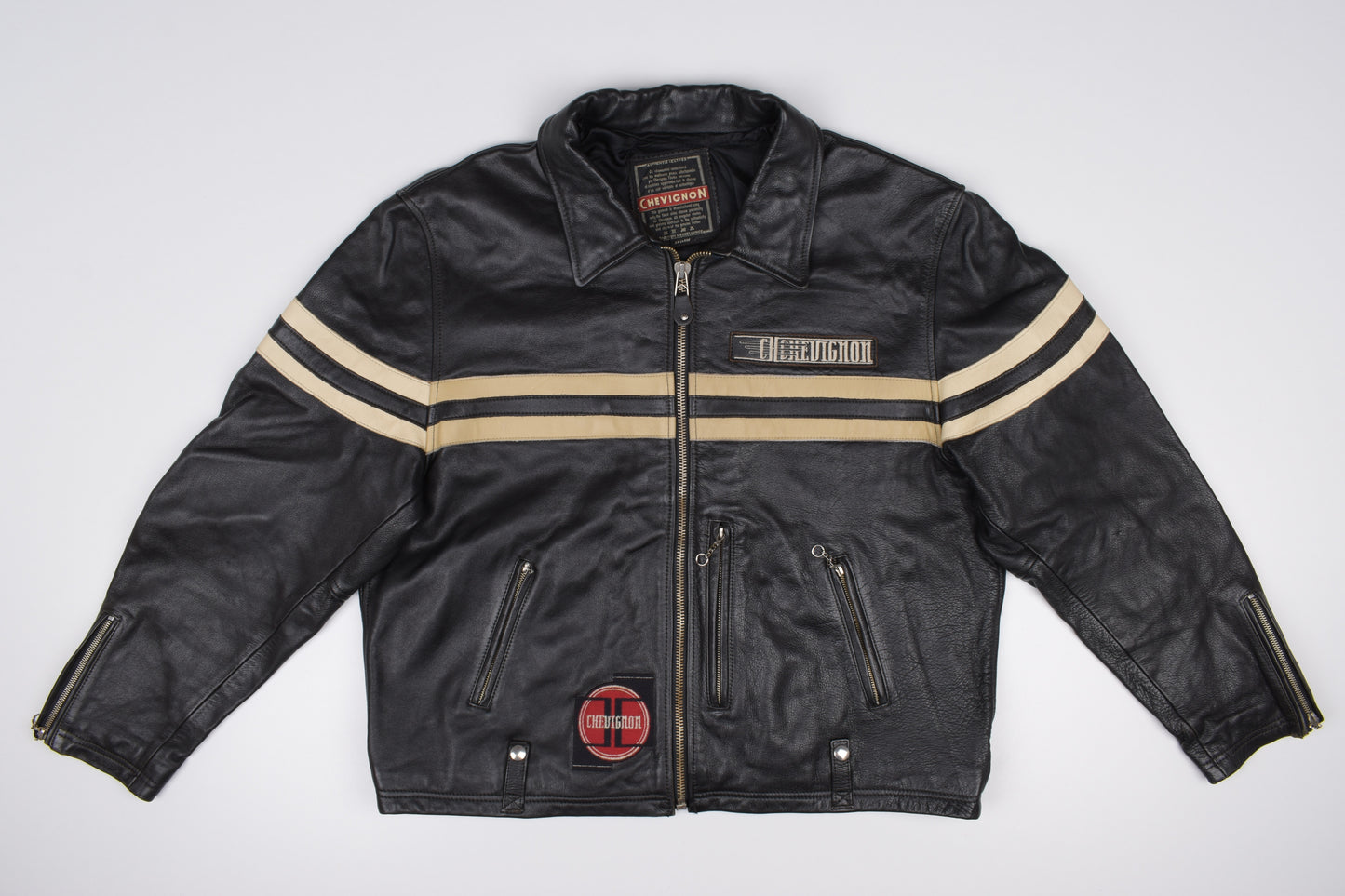 * Vintage Chevignon Motorcycle Black Leather Jacket, Size XXL, V.Good 8/10