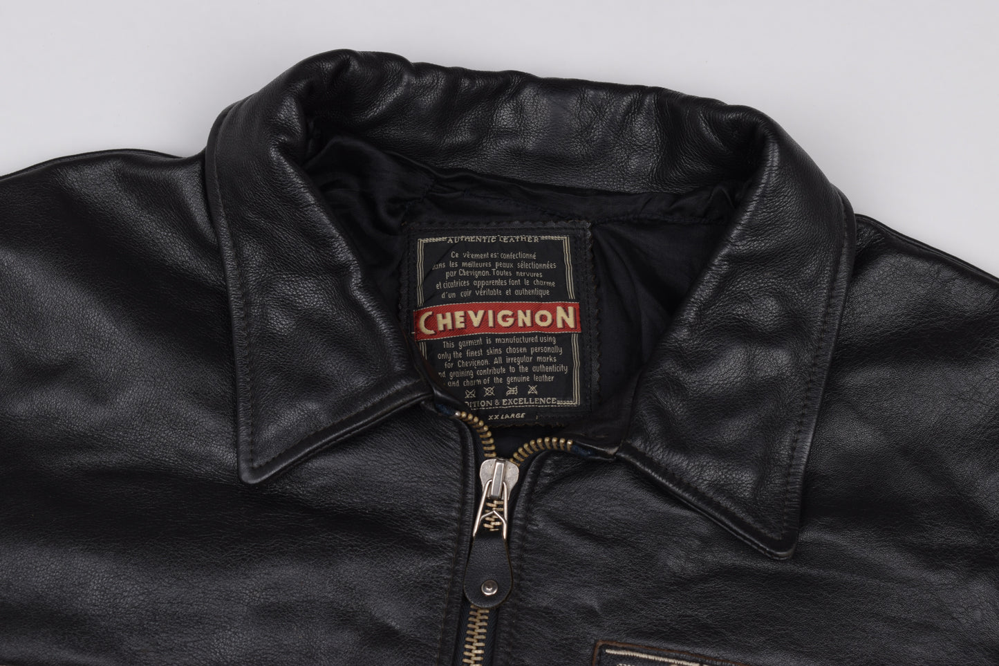 * Vintage Chevignon Motorcycle Black Leather Jacket, Size XXL, V.Good 8/10