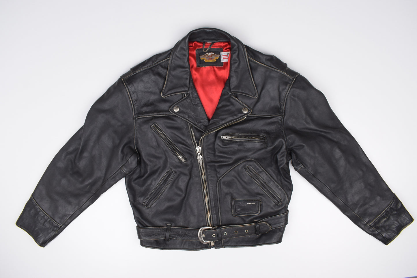 Vintage Harley Davidson Black Distressed Leather Motorcycle Jacket Made in USA, Size XL, V.Good 8/10 *