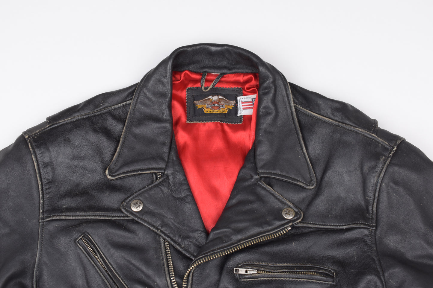 Vintage Harley Davidson Black Distressed Leather Motorcycle Jacket Made in USA, Size XL, V.Good 8/10 *