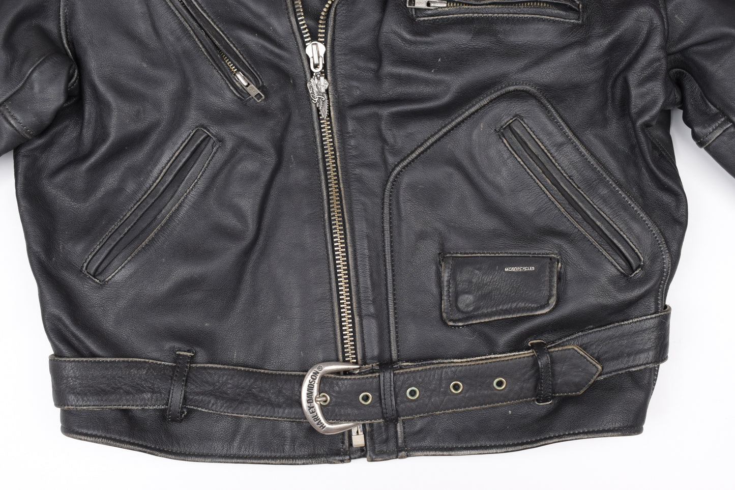 Vintage Harley Davidson Black Distressed Leather Motorcycle Jacket Made in USA, Size XL, V.Good 8/10 *
