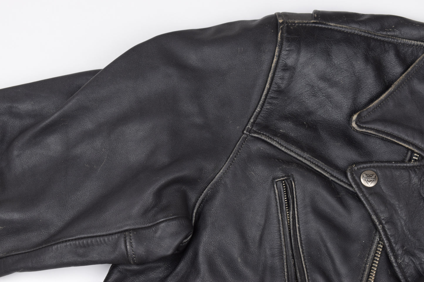 Vintage Harley Davidson Black Distressed Leather Motorcycle Jacket Made in USA, Size XL, V.Good 8/10 *