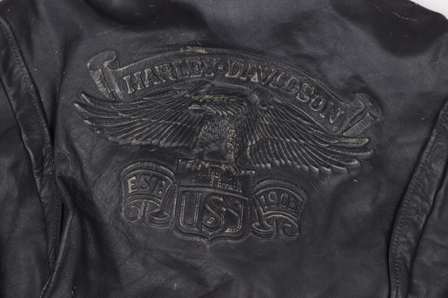 Vintage Harley Davidson Black Distressed Leather Motorcycle Jacket Made in USA, Size XL, V.Good 8/10 *