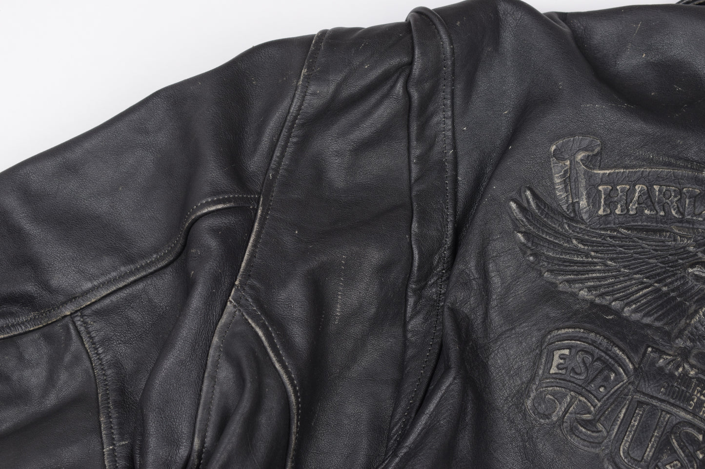 Vintage Harley Davidson Black Distressed Leather Motorcycle Jacket Made in USA, Size XL, V.Good 8/10 *