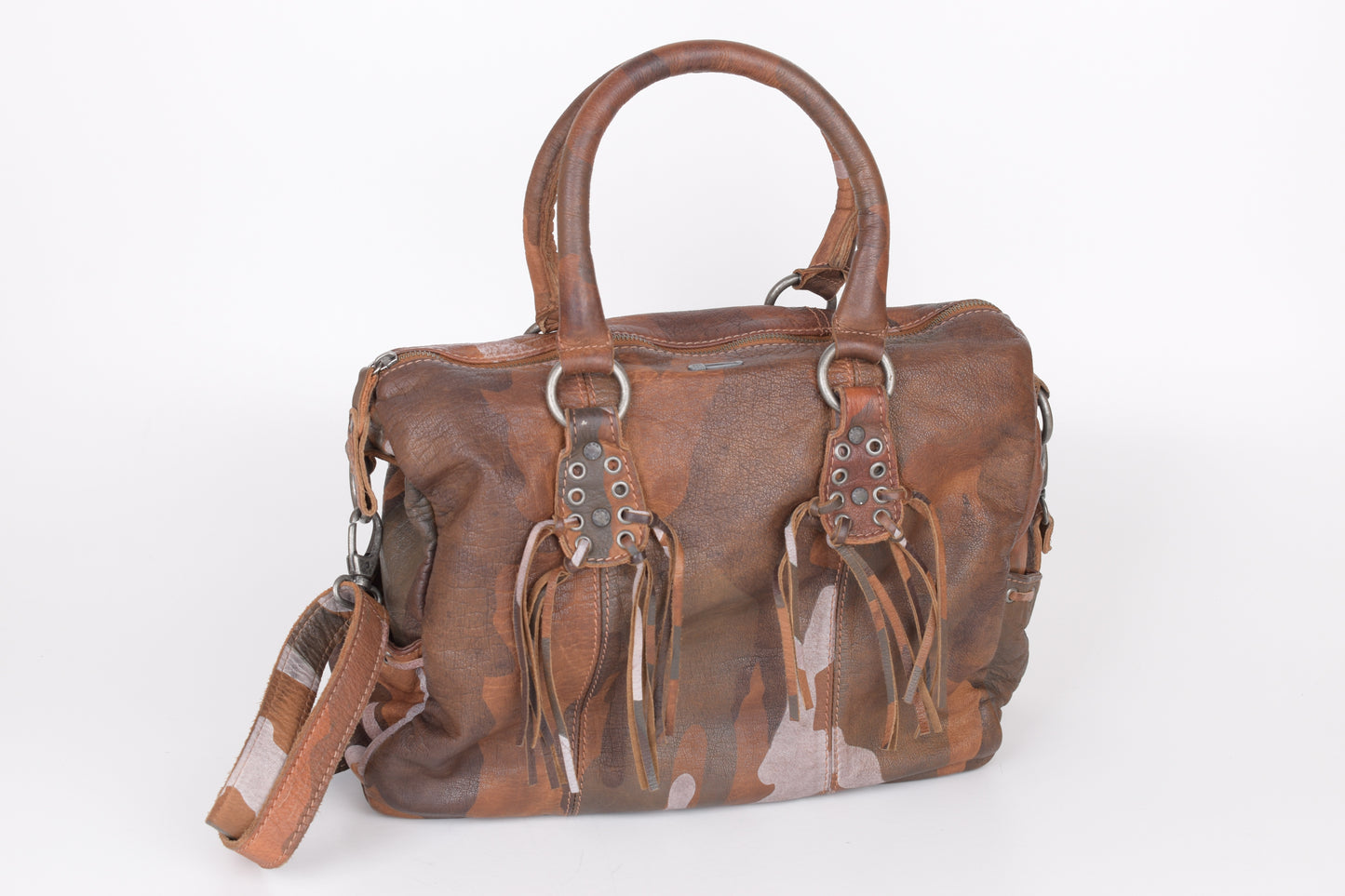 * IKKS Leather Brown Camo Shoulder Bag, 37x29cm Excellent 9/10