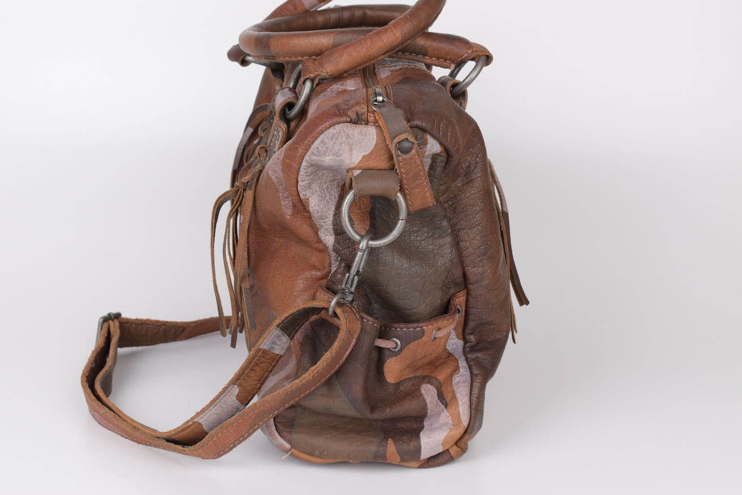 * IKKS Leather Brown Camo Shoulder Bag, 37x29cm Excellent 9/10