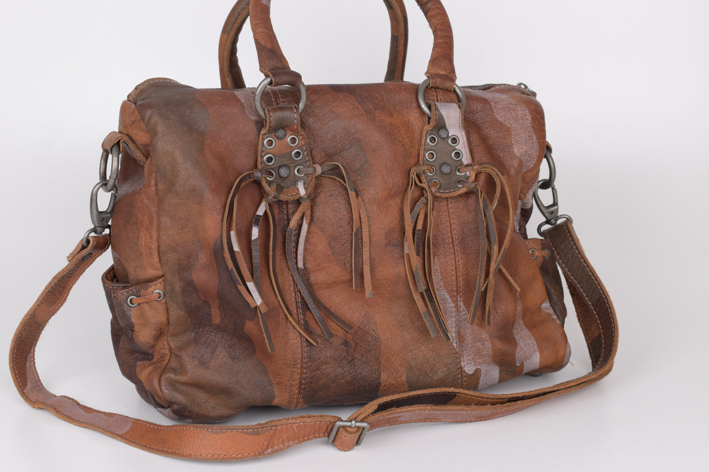 * IKKS Leather Brown Camo Shoulder Bag, 37x29cm Excellent 9/10