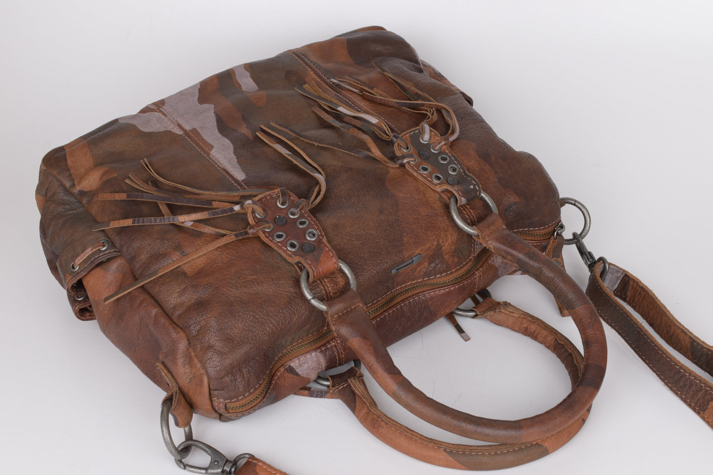 * IKKS Leather Brown Camo Shoulder Bag, 37x29cm Excellent 9/10
