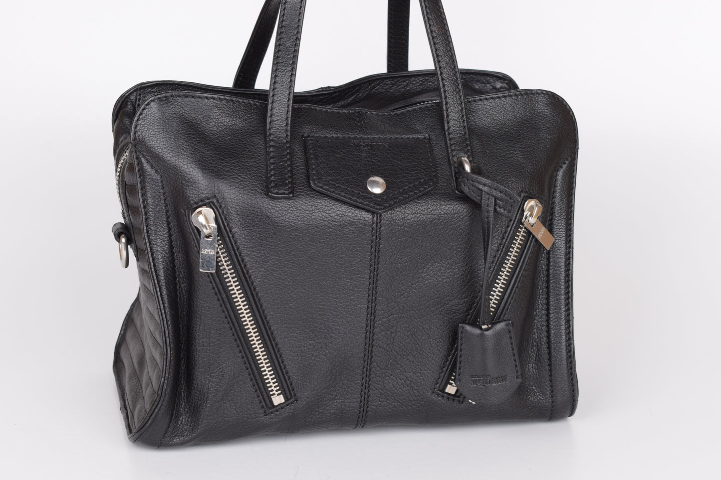 * Alexander McQueen Black Leather Padlock Biker Zip Satchel Bag 30x23cm Excellent 9/10