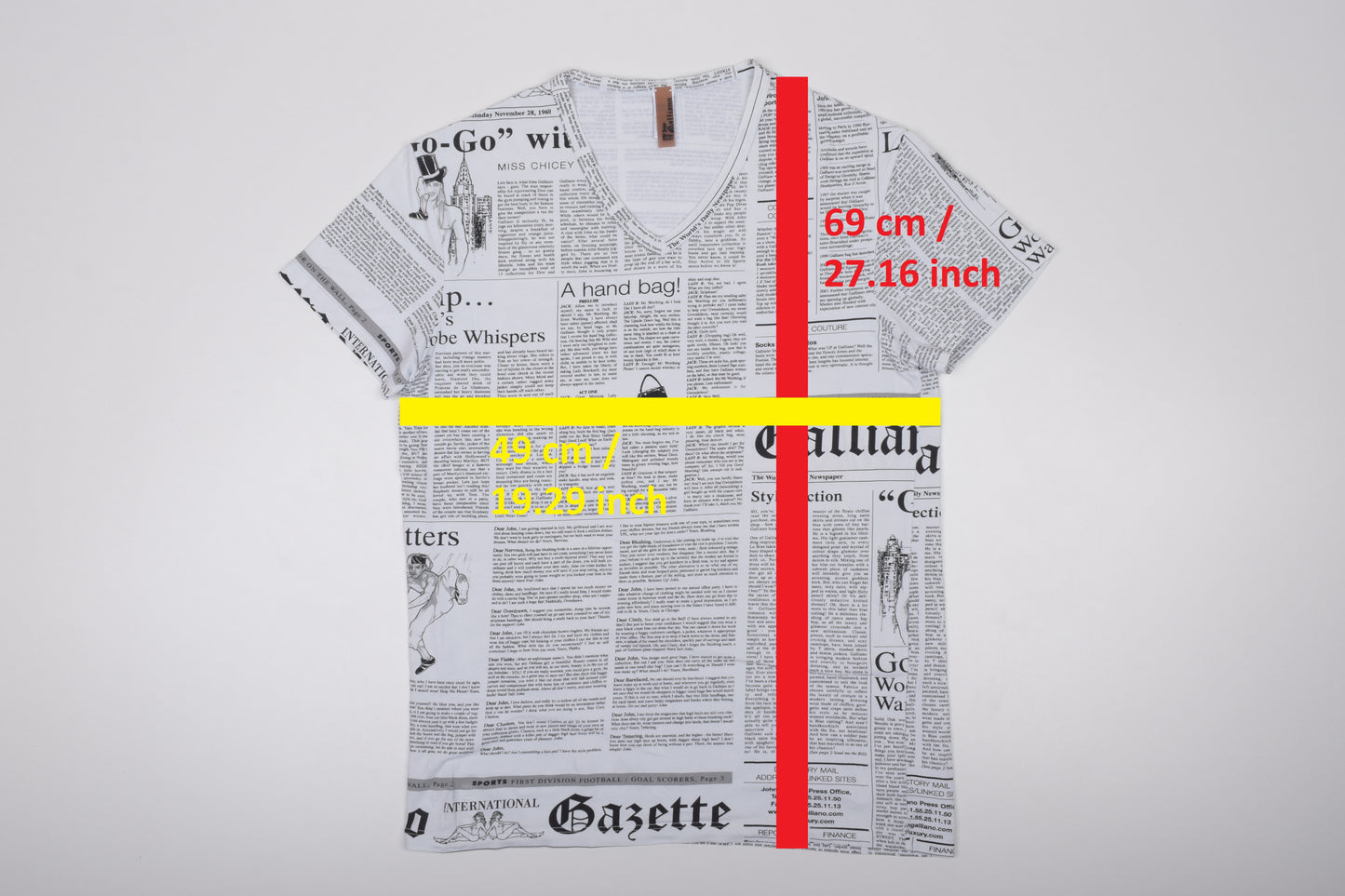 * John Galliano 00s Newspaper Print V Neck T Shirt, Size M-L, Excellent 9/10