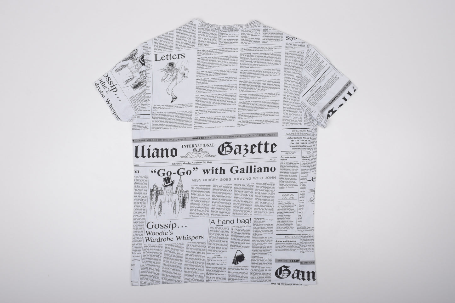 * John Galliano 00s Newspaper Print V Neck T Shirt, Size M-L, Excellent 9/10