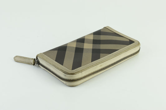 Burberry Grey Smoked Check PVC And Leather Zip Around Women Wallet 19cm, V.Good 7/10