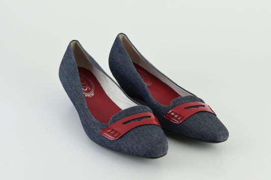 Tod’s Denim Red Wedge Women Pumps 3cm heel , Size EU 39, Excellent 9/10