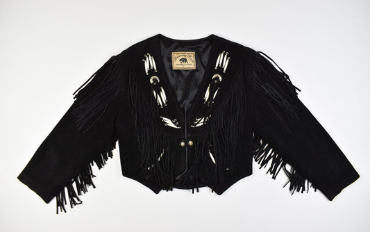 Running Bear Black Suede Western Motorcycle Jacket Size L, V.Good 8/10