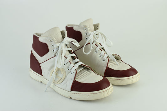 Gucci GG 363731 Interlocking white & burgundy Leather High Top Men Sneakers, Size EU 40.5, Good 6/10