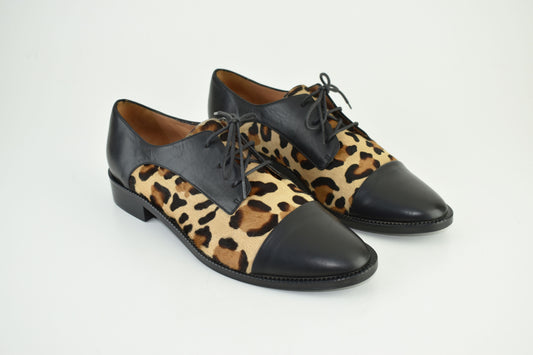 CAREL Leather Lace Up Leopard Print Women Derby Black Size EU 40.5, Excellent 9/10