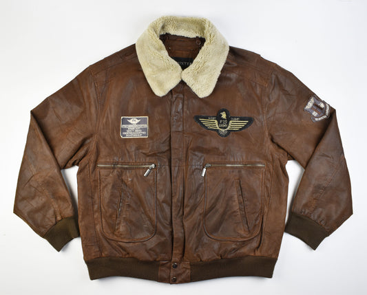 Hi-Buxter F19 Army Pilot bomber Men Leather Jacket Detachable Collar, Size XL, V.Good 7/10