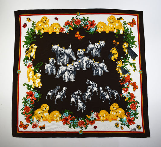 GIANNI VERSACE Puppy Garden 100% silk scarf Paris France, Excellent 9/10