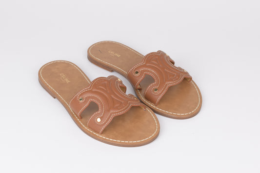 * Celine Brown Mule Triomphe Leather Women Sandals, Size 38, Excellent 10/10