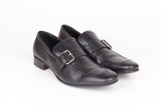 * Prada Black Leather Buckle Slip On Men Loafers, Made in Italy, Size 44.5, Excellent 9/10