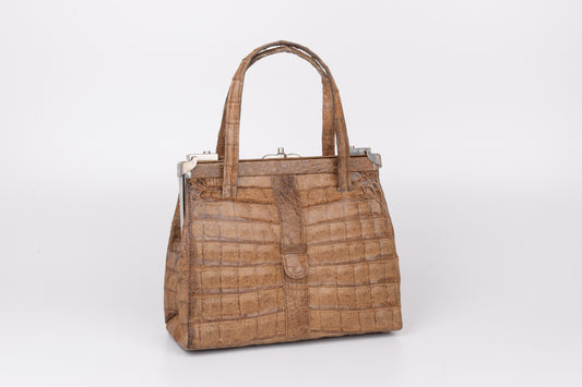 * Vintage Crocodile Brown Leather Women Handbag, 26x22cm, Excellent 9/10