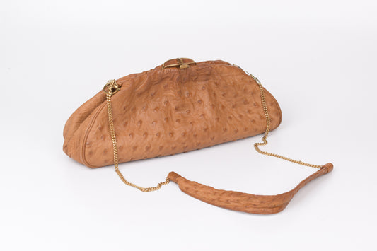 * Vintage Brown Ostrich Skin Handbag, 35x14cm, Excellent 9/10