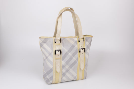 * Burberry White Beat Check Nylon Victoria Tote Bag, Made in Italy, 27x30cm, Good 6/10