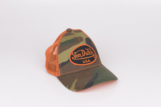 * Von Dutch Camouflage and Orange Trucker Cap Hat, Excellent 10/10