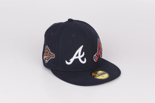* Navy Blue Atlanta Braves Team Patch Pride New Era 59fifty Cap Hat, Size 7 55,8cm Excellent 9/10