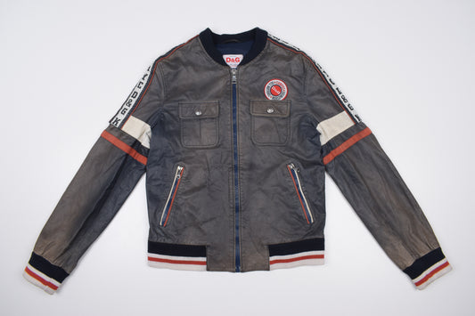 * Dolce & Gabbana Perforated Leather Logo Spellout Leather Bomber Jacket, Size 48 M, Good 6/10 *