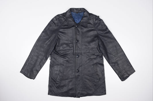 * Vintage Lavabre Cadet France Blue Navy Leather Coat, Size 44 L, Good 6/10 *