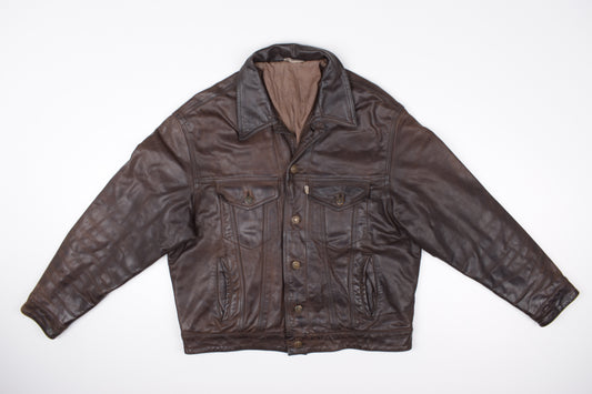 * Vintage 80s Levi's White Tab Brown Leather Type 3 Trucker Jacket Size L, V.Good 7/10 *
