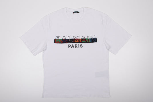 T-shirt blanc pour hommes Balmain avec logo texturé fendu, taille S, très bon état 7/10