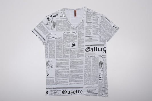 * John Galliano 00s Newspaper Print V Neck T Shirt, Size M-L, Excellent 9/10