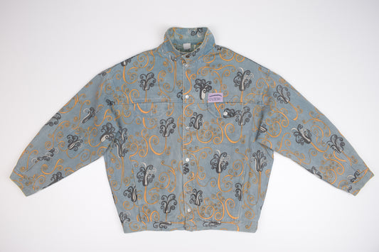 90s Oxbow Oversize Jacket Crazy Print Denim And Lining, Made in France, Size XL, V.Good 7/10